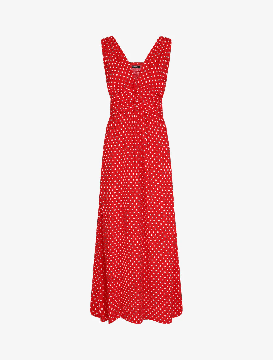 Mouwloze lange jurk met stipjes - Rood