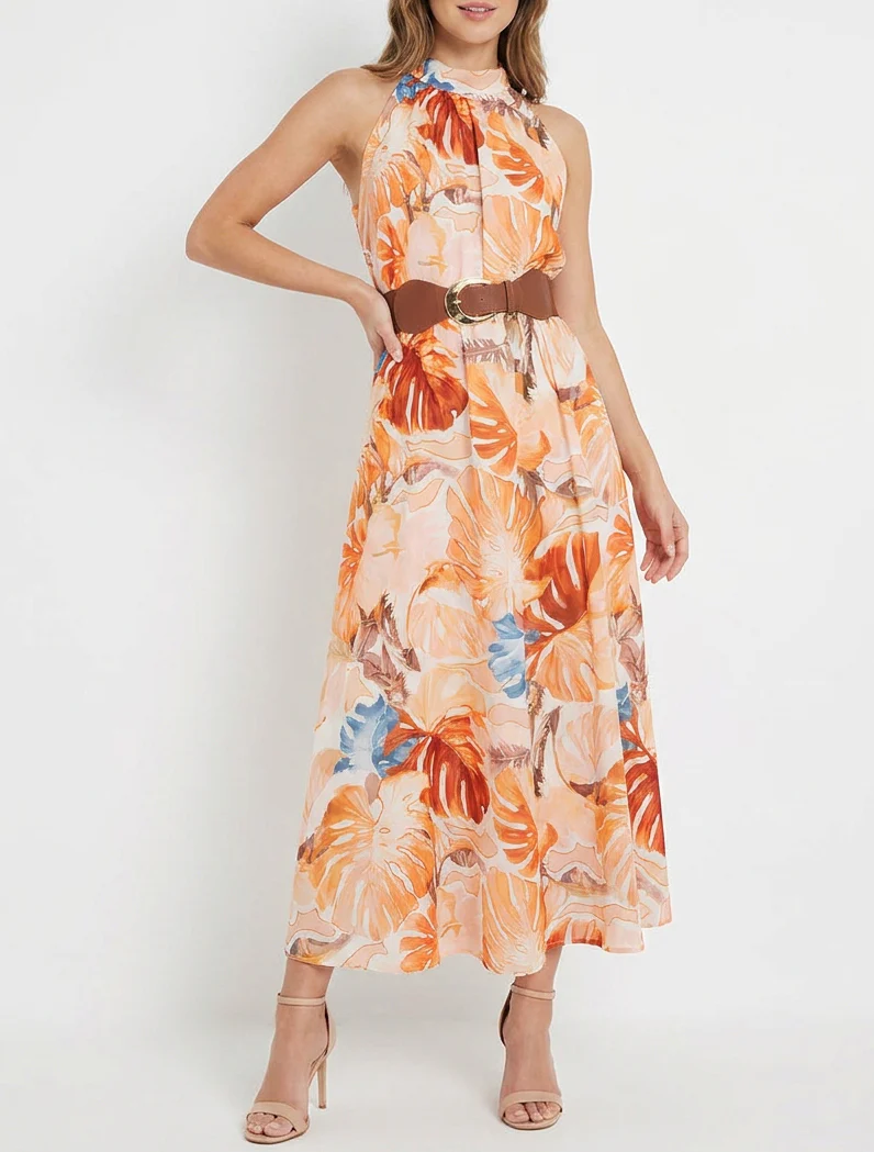 Mouwloze lange jurk met tropische print - Oranje - Image 4