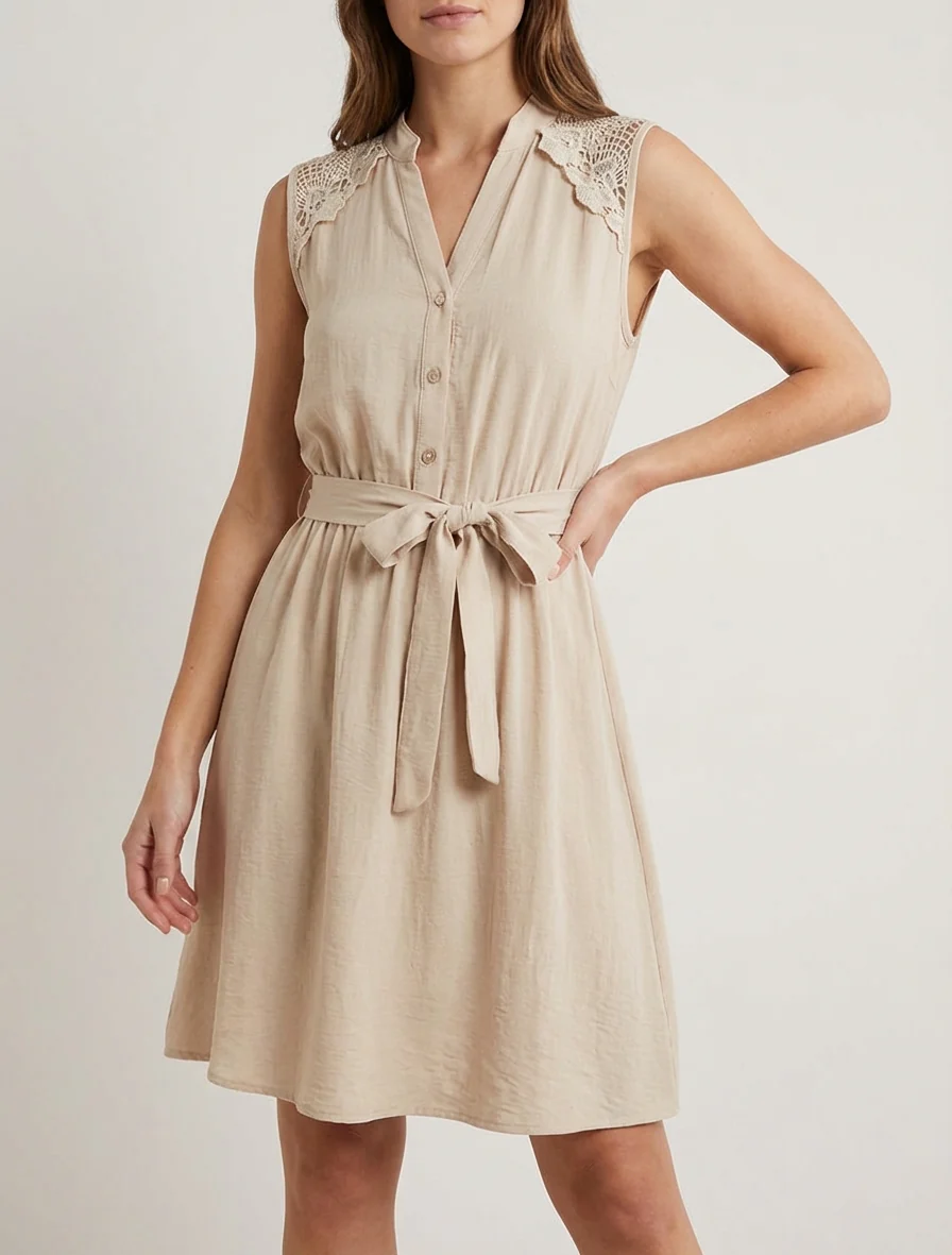Mouwloze midi-jurk met knopen - Beige - Image 4