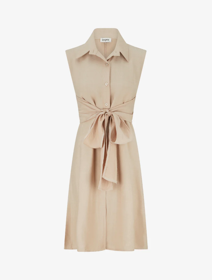 Mouwloze overhemdjurk met strikbanden - Beige