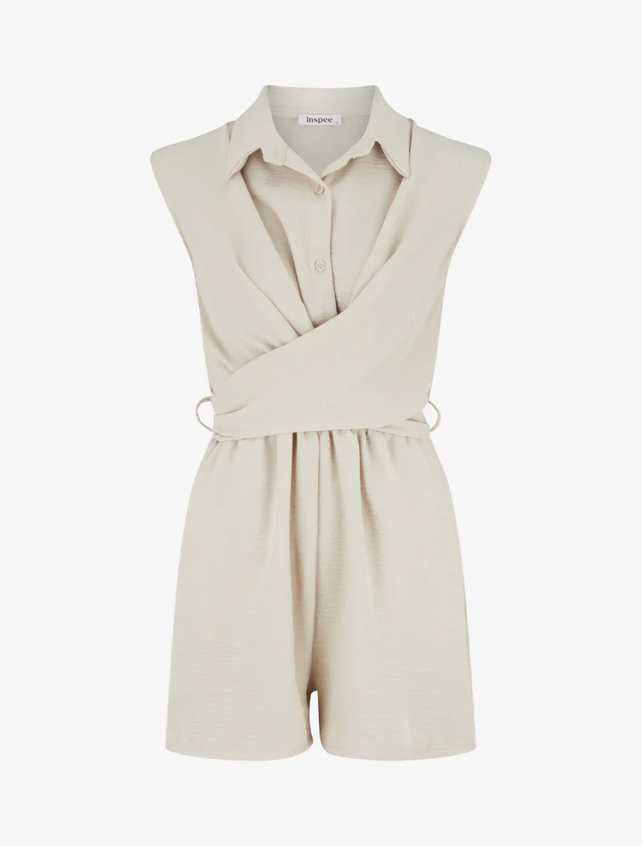 Mouwloze overslag jumpsuit - Beige