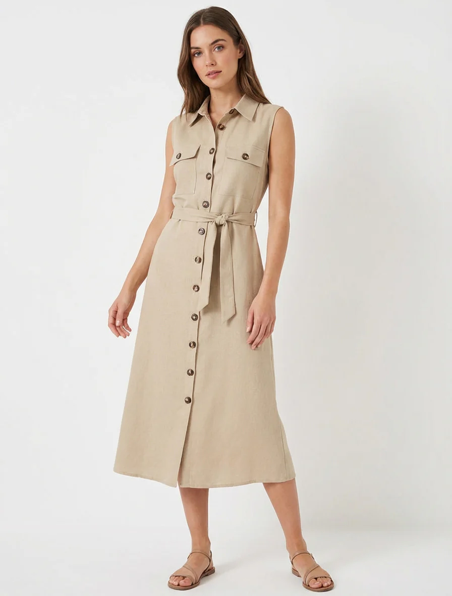 Mouwloze rechte overhemdjurk - Beige - Image 4