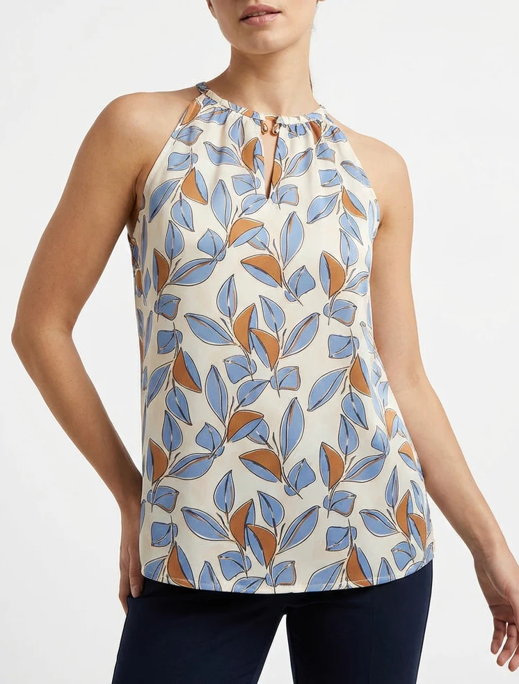 Mouwloze satijnen top met bladerenprint - Lichtblauw - Image 4