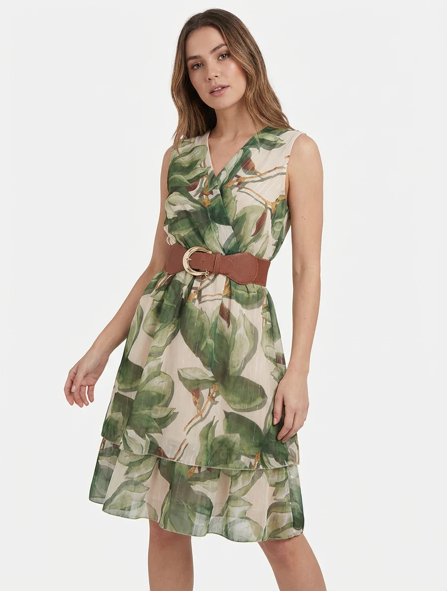 Mouwloze skaterjurk met grote bloemenprint - Kaki - Image 4