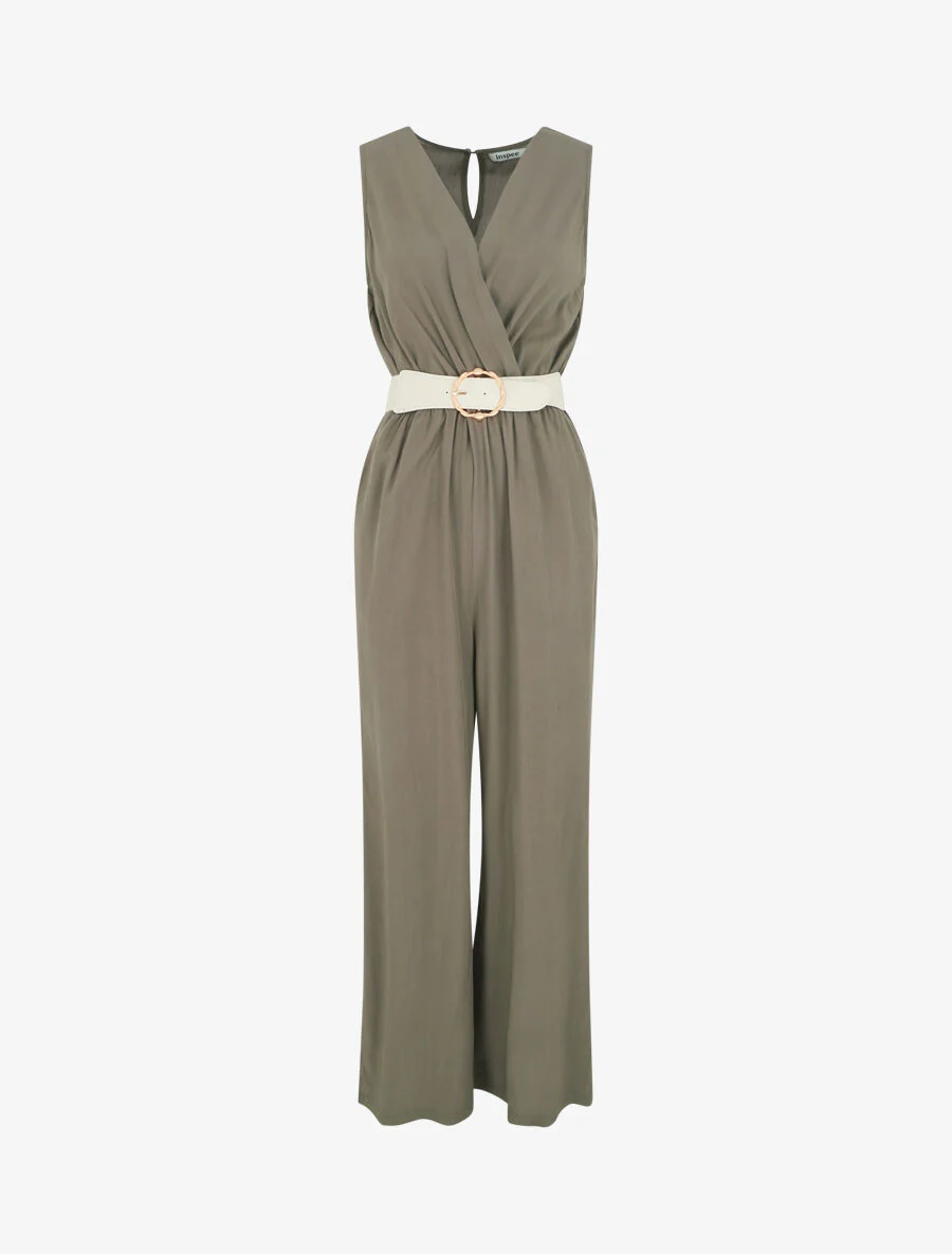 Mouwloze. soepele jumpsuit - Kakigroen