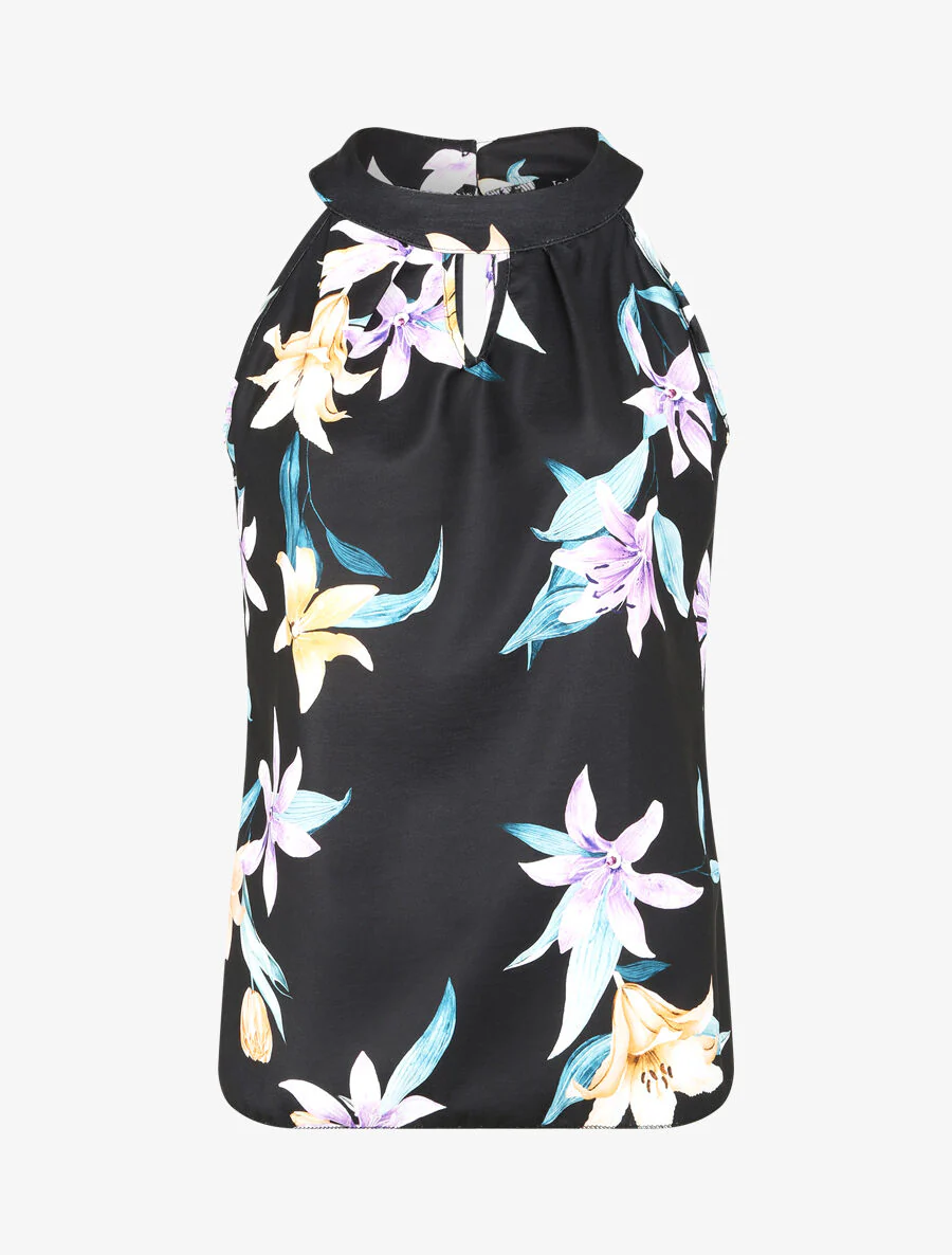 Mouwloze top met lelieprint - Zwart