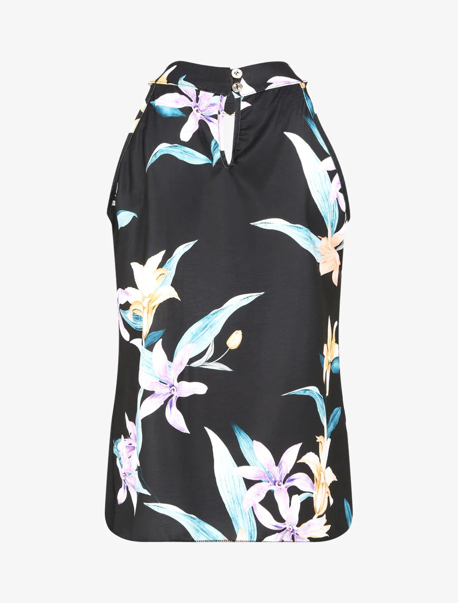 Mouwloze top met lelieprint - Zwart - Image 2