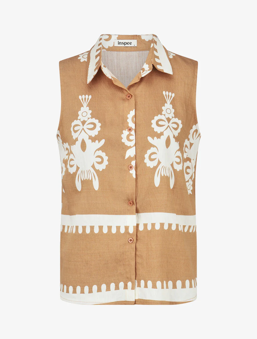 Mouwloze top en broek met ikatprint - Camel - Image 2