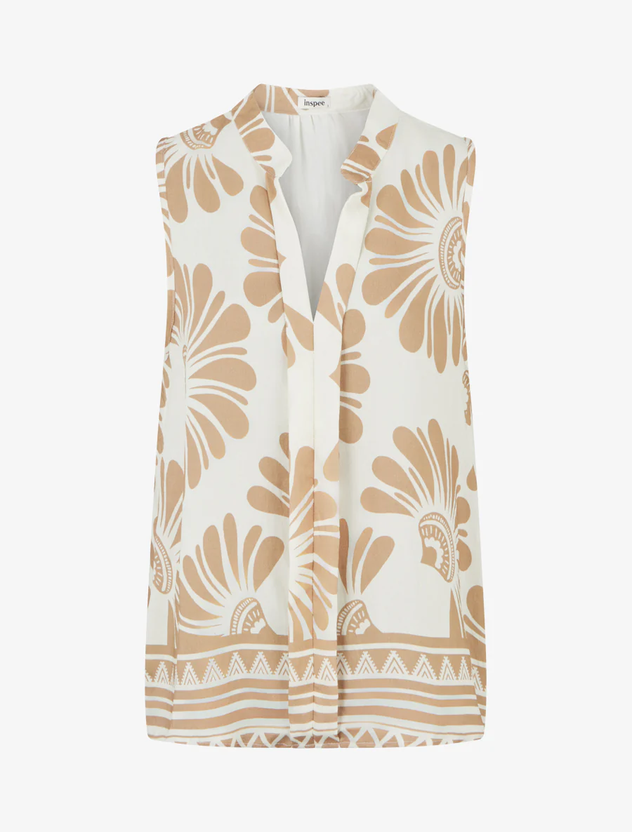 Mouwloze top met gestileerde bloemenprint - Beige