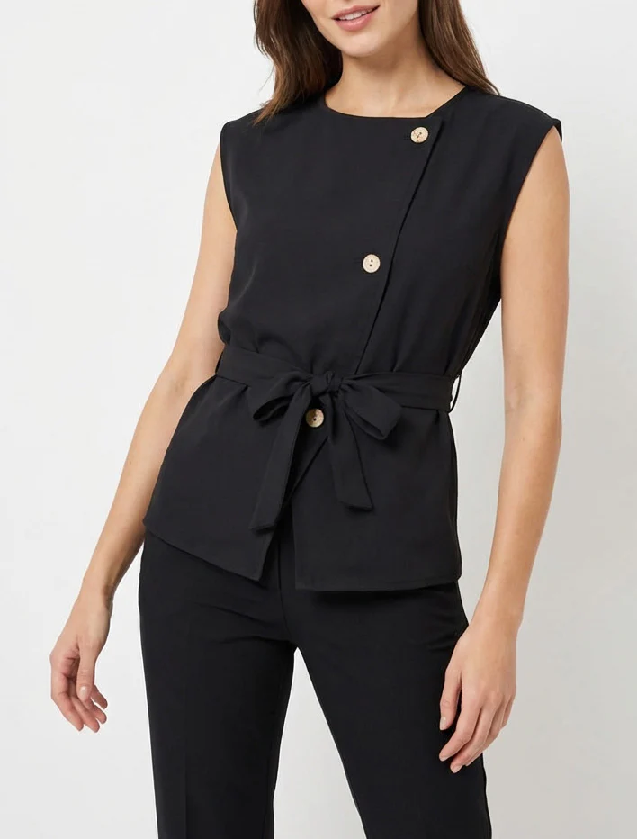 Mouwloze top met knopen - Zwart - Image 4