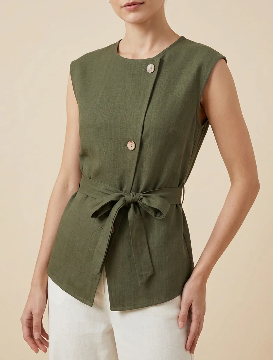 Mouwloze top met knopen - Kaki - Image 4