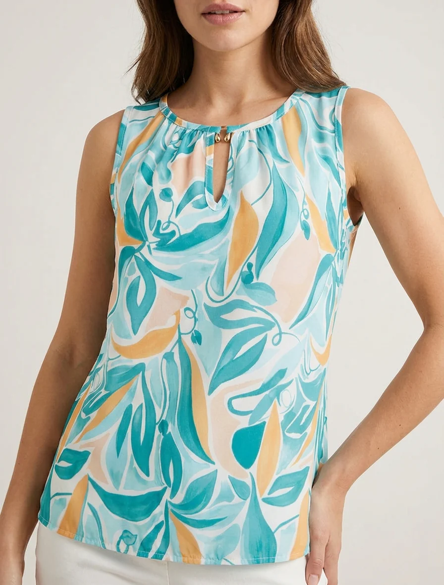 Mouwloze top met plantenprint - Watergroen - Image 4