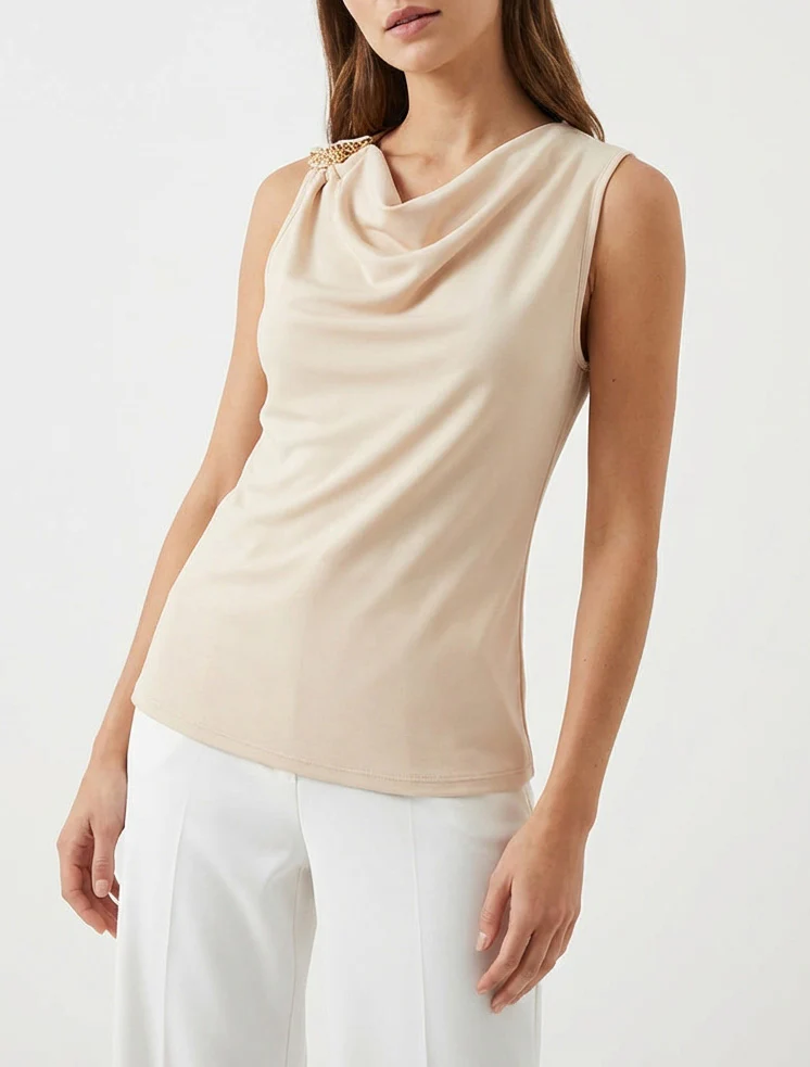 Mouwloze top met textuur juweel - Beige - Image 4