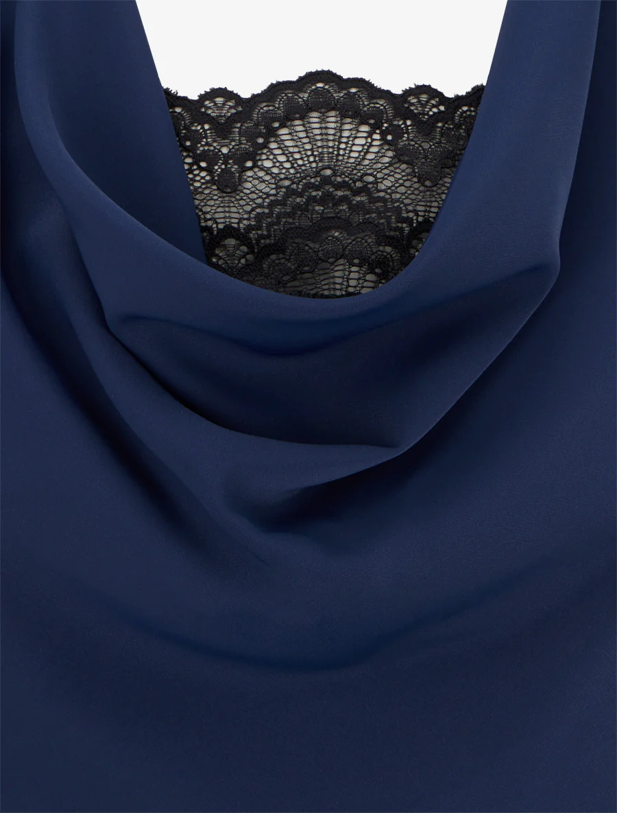 Mouwloze top met watervalhals en kant. - Marine - Image 3
