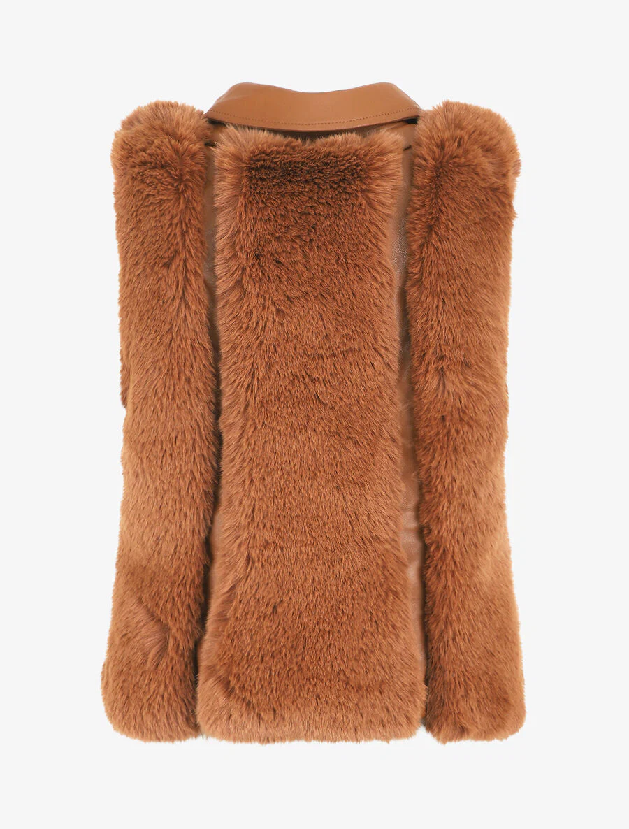 Mouwloos vest van imitatieleer en nepbont - Camel - Image 2