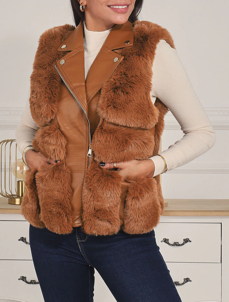 Mouwloos vest van imitatieleer en nepbont - Camel - Image 3