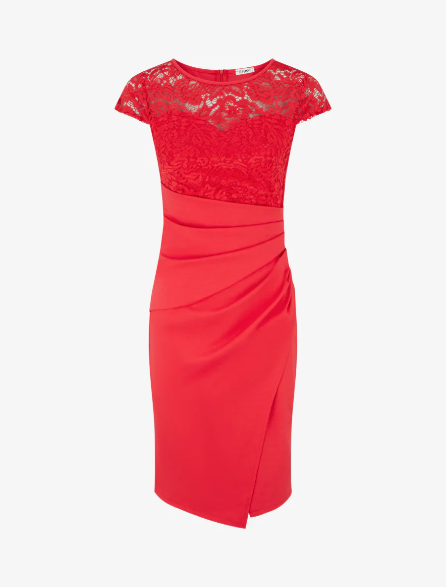 Nauwsluitende jurk met kant en draperie - Rood