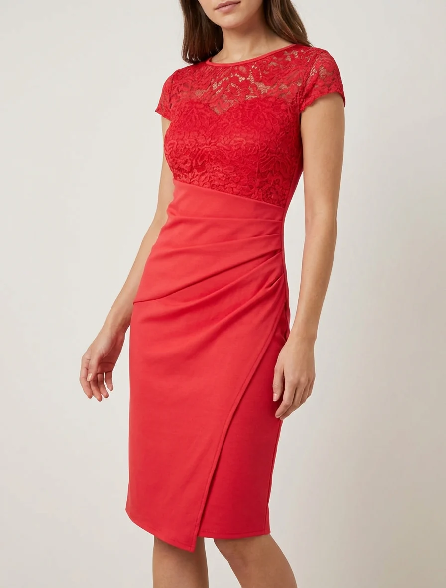 Nauwsluitende jurk met kant en draperie - Rood - Image 4
