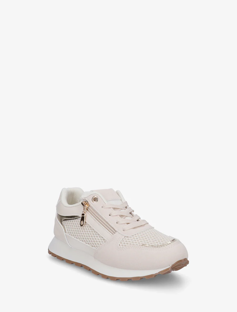 Nep leren sneakers en iriserende stof met ritssluiting - Beige - Image 2