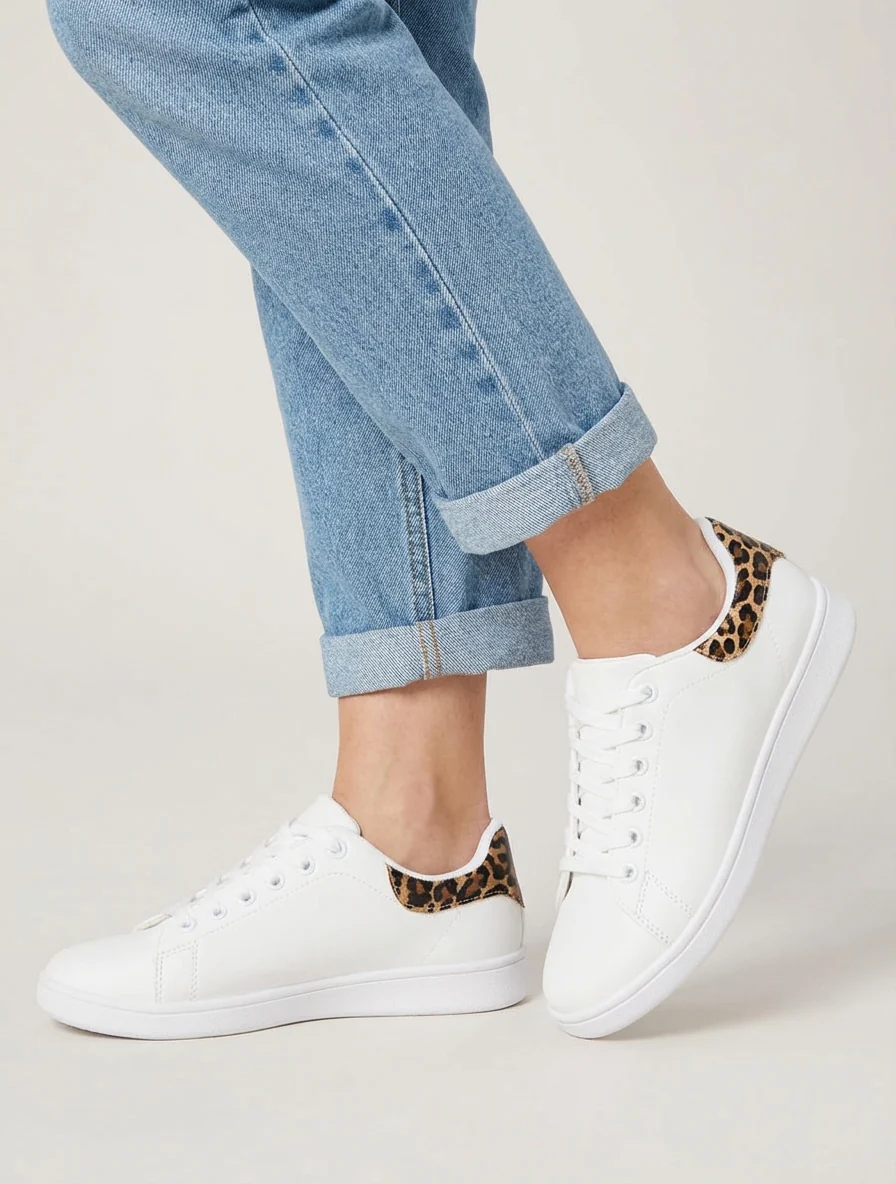 Nep leren sneakers met luipaardaccent - Beige - Image 5