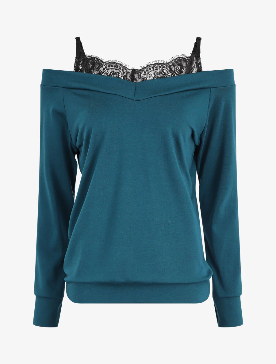 Off-shoulder top met trompe-l'oeil - Blauwgroen