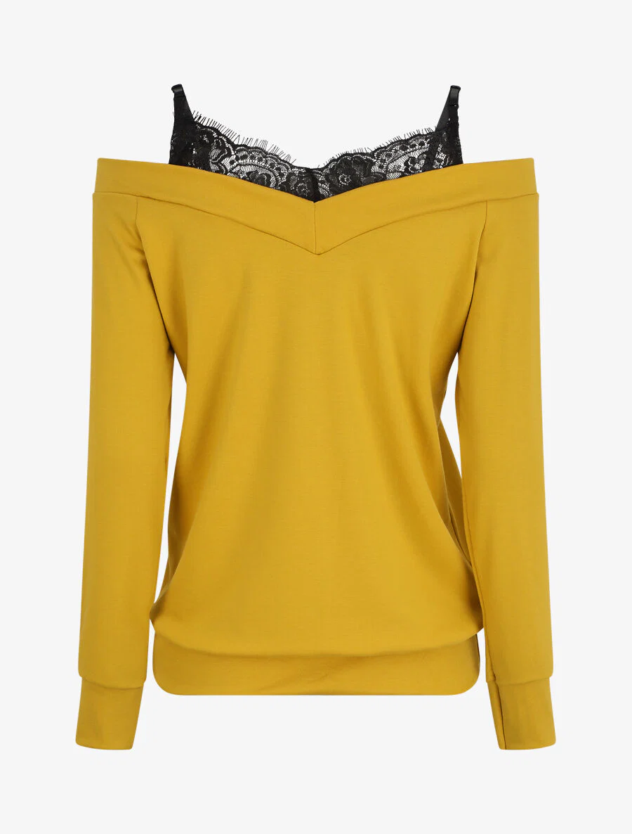 Off-shoulder top met trompe-l'oeil - Geel - Image 2