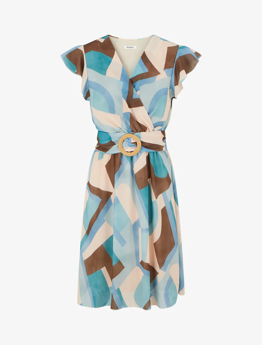 Omslagjurk met retroprint - Eendenblauw