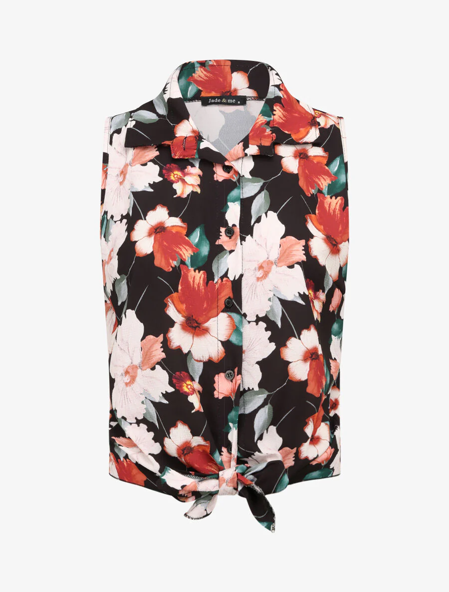 Blouse met strik en orchideeprint - Zwart