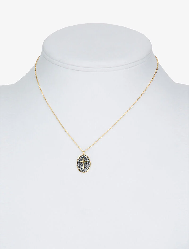 Ovale hanger ketting met strass en kruis - zwart/goud