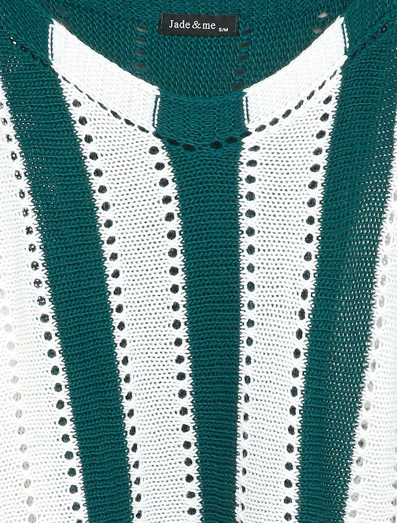 Oversized vleermuistrui in opengewerkte brei - Groen/wit - Image 3