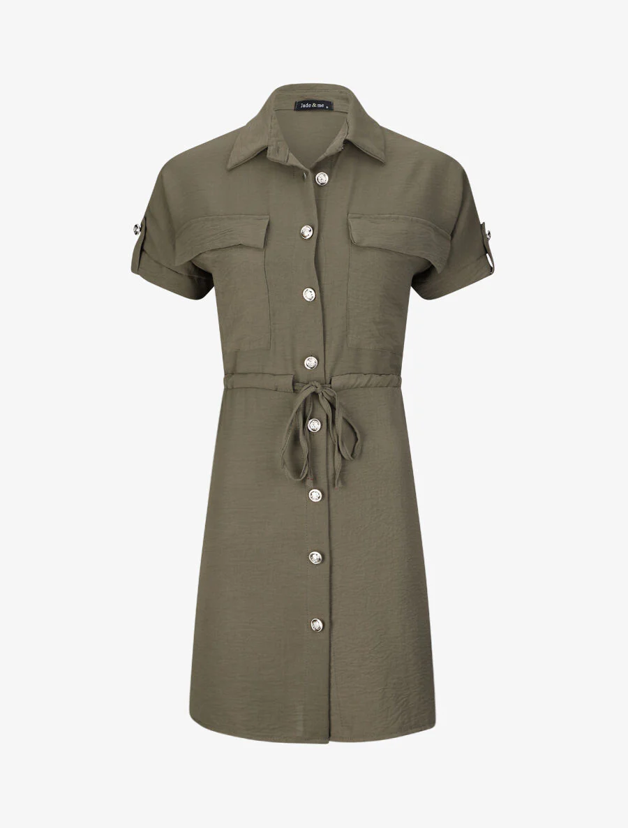 Oversized eenvoudige korte mouw shirtjurk - Kakigroen