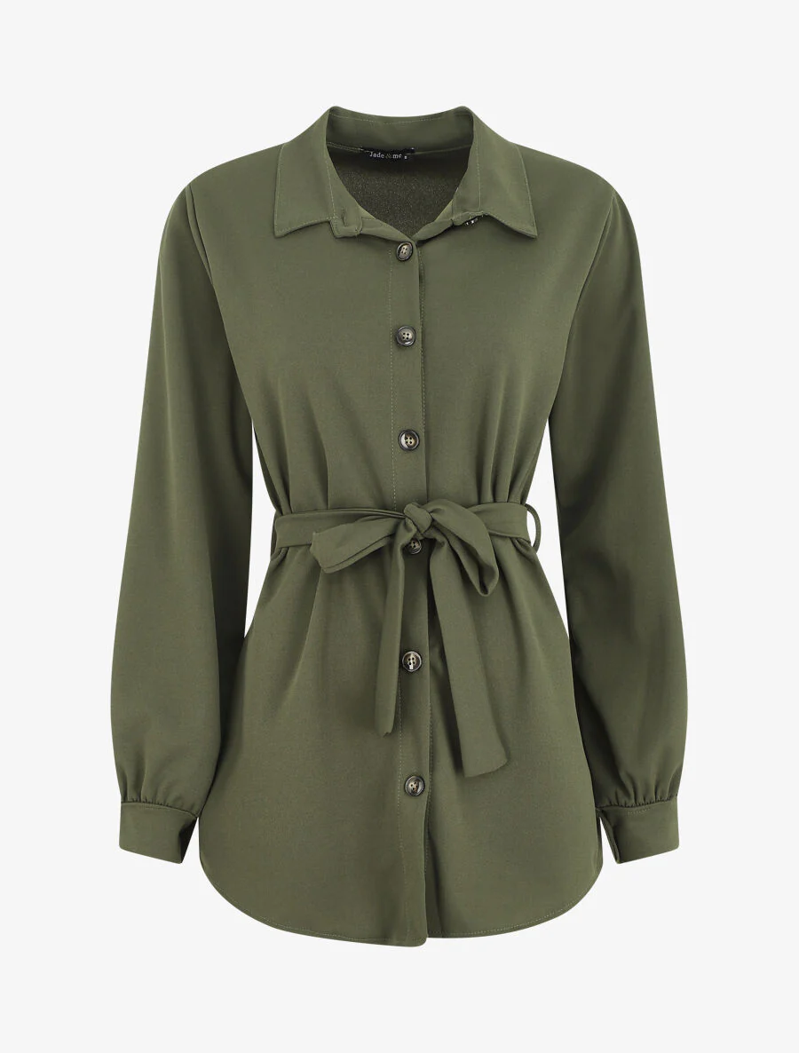 Oversized effen overhemd met ceintuur - Kakigroen