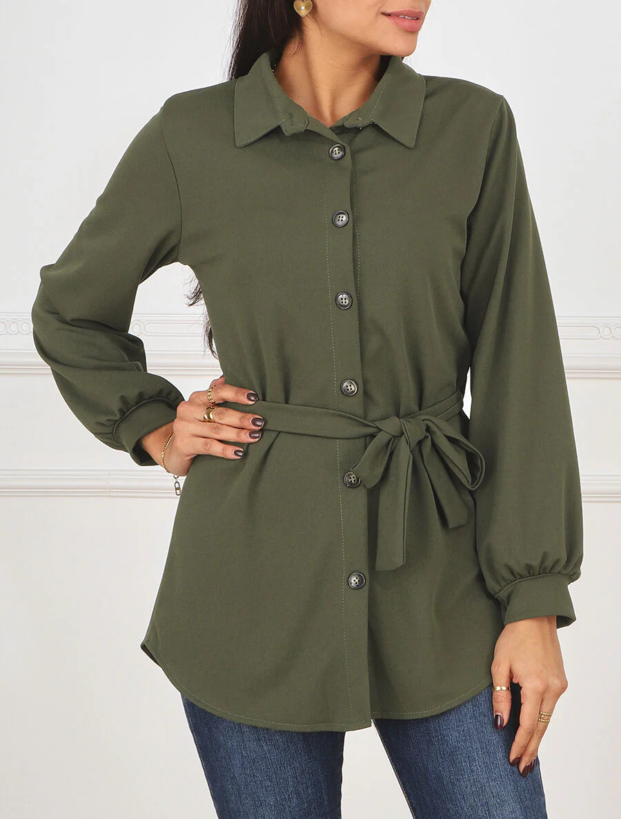 Oversized effen overhemd met ceintuur - Kakigroen - Image 4