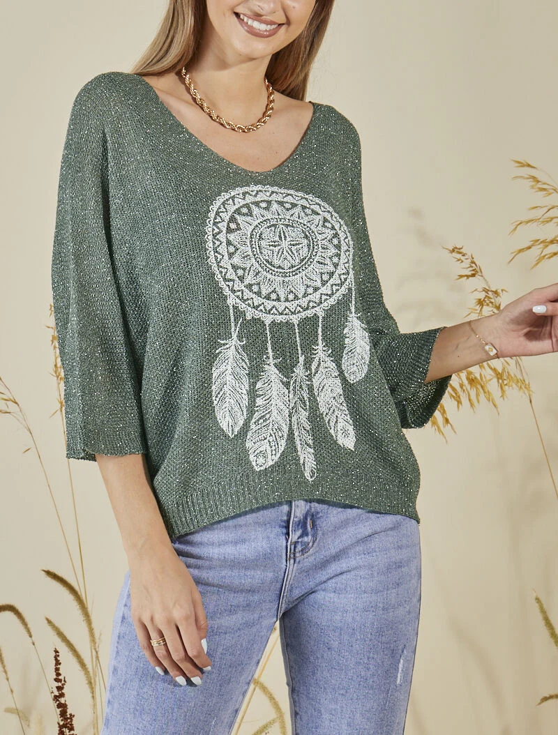 Oversized gehaakte trui met print - Kakigroen