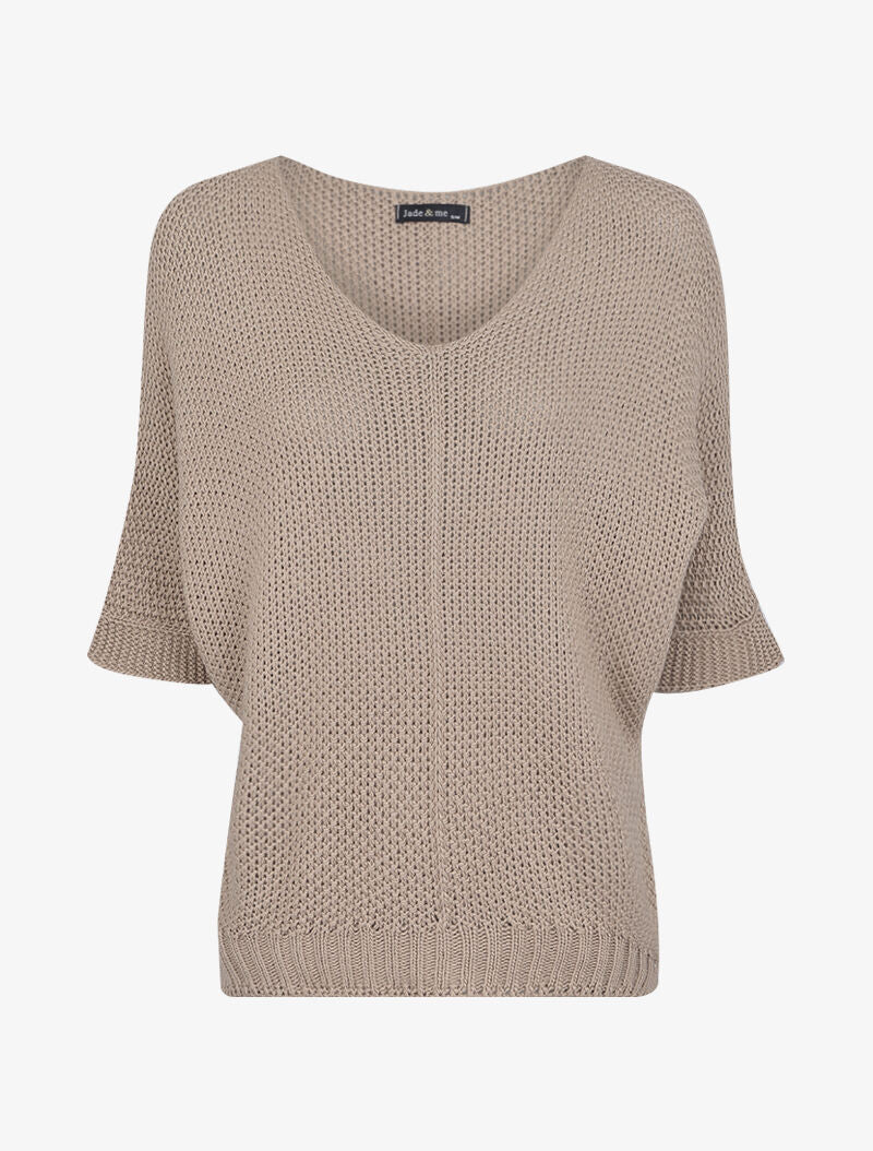 Oversized trui met 3/4 mouwen en een U-hals - taupe