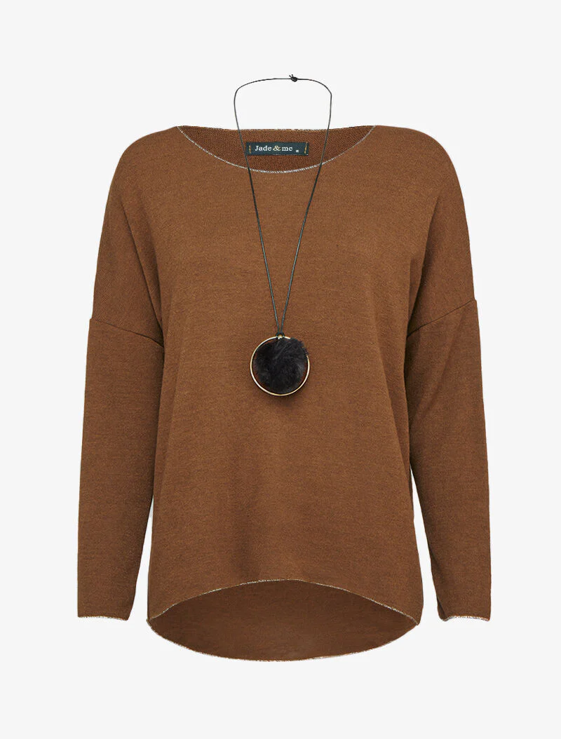 Oversized trui met iriserende biezen met lange ketting - Bruin
