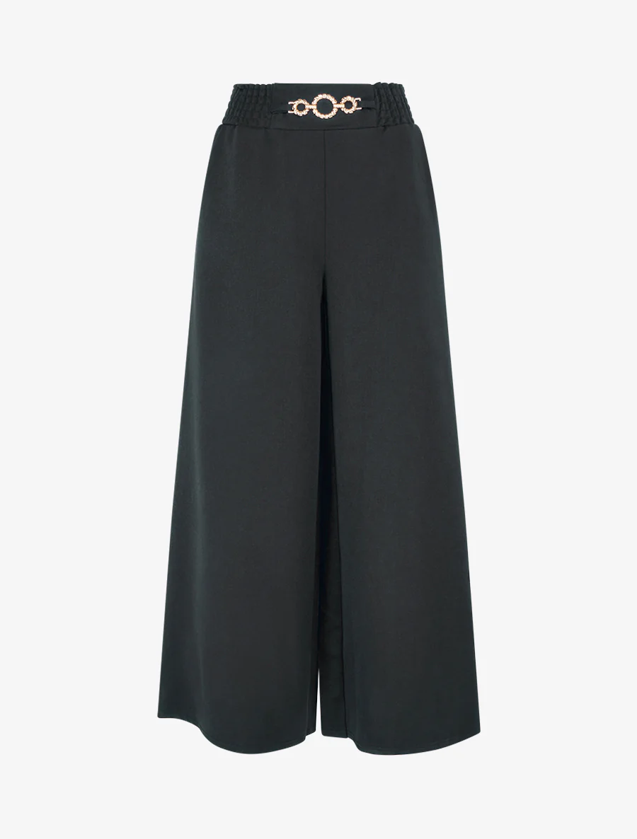 Palazzobroek met elastische taille en ringen. - Zwart