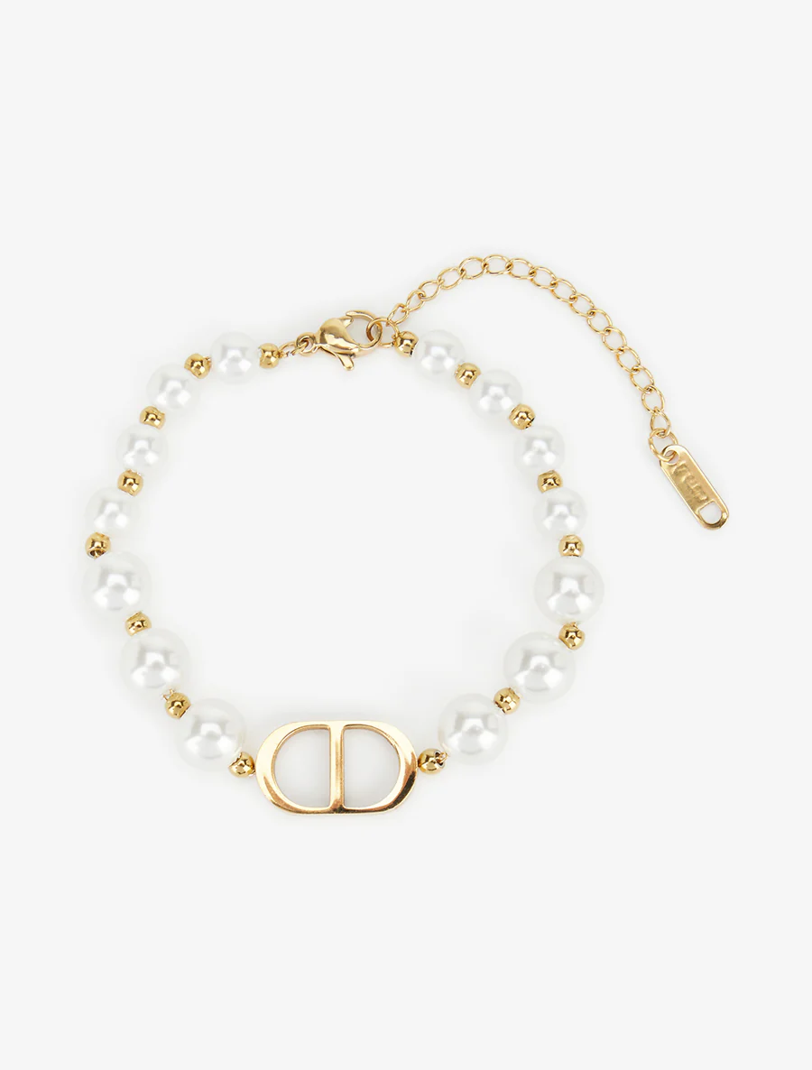Parelarmband met ovale bedel - Goud/wit - Image 2
