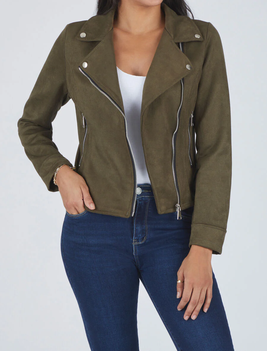Perfecto-stijl suède jas - Kakigroen - Image 4