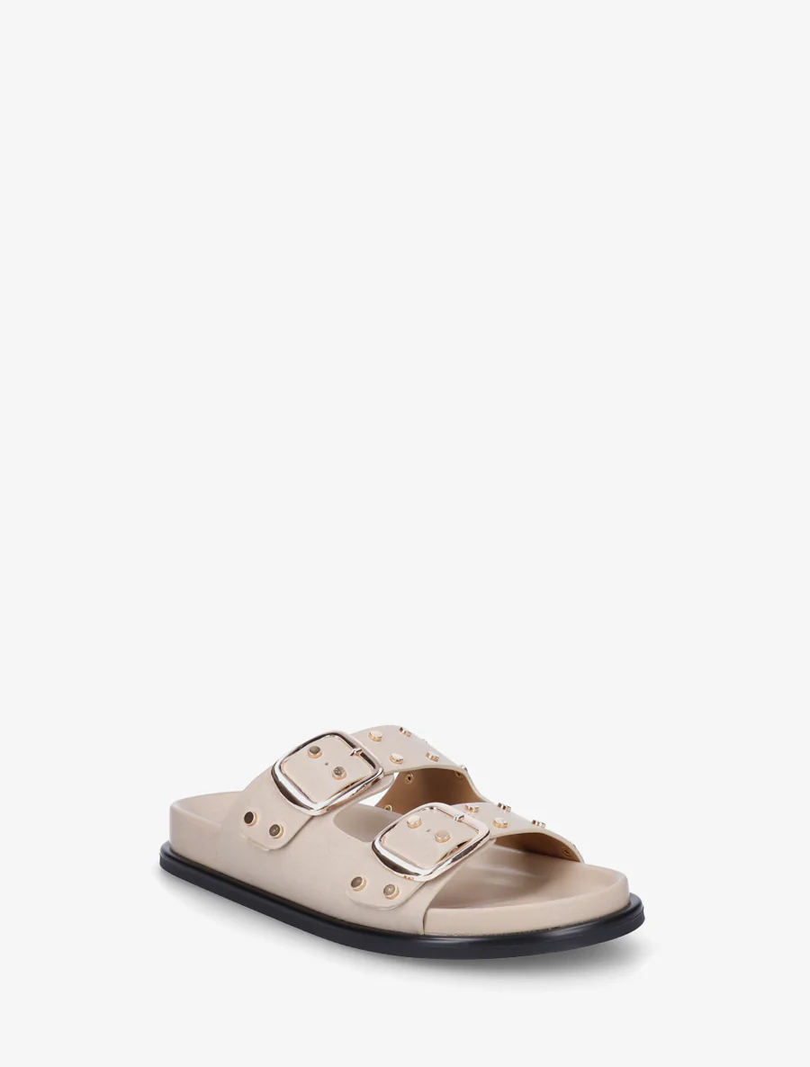 Platte muilen met studs en dubbele gespen - Beige - Image 2