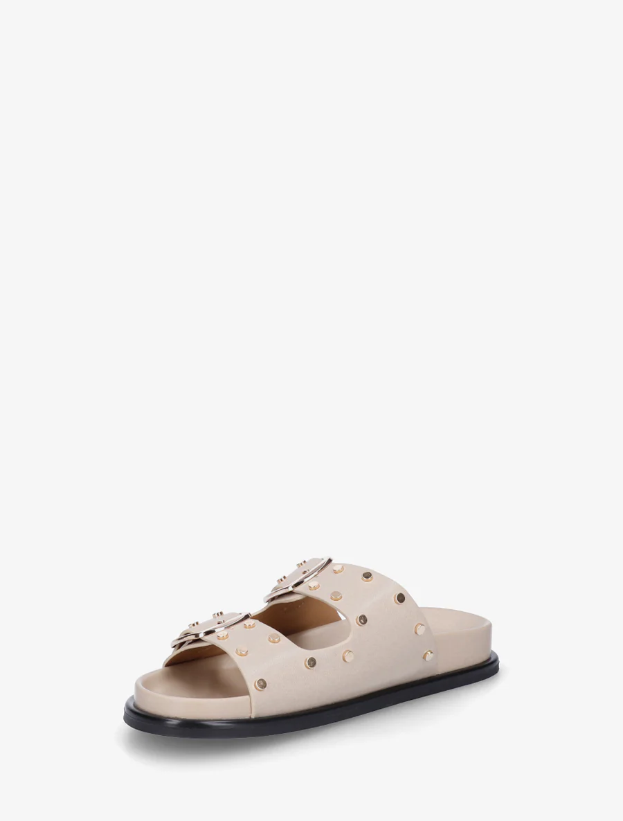 Platte muilen met studs en dubbele gespen - Beige - Image 3