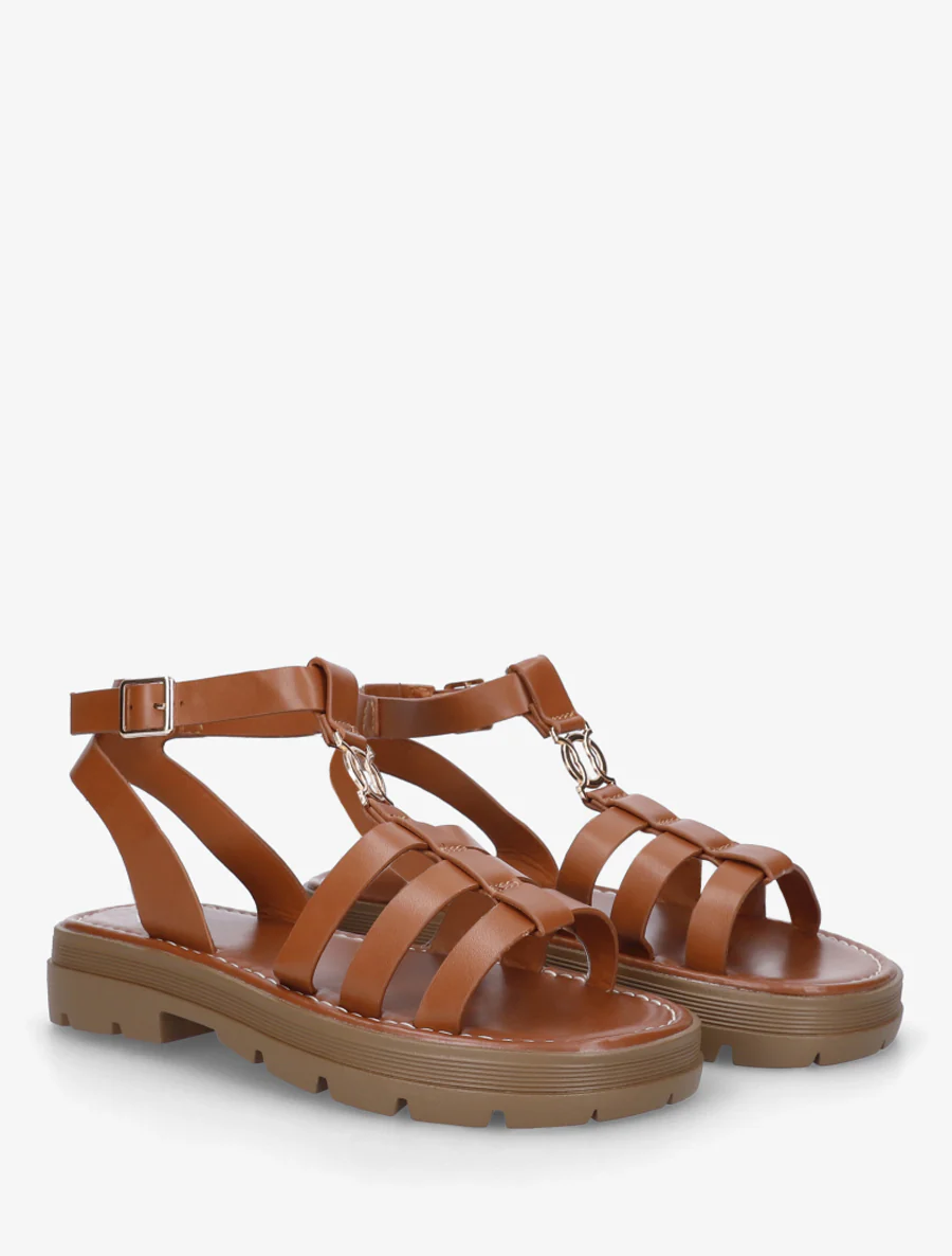 Platte sandalen in Spartaanse stijl - Kameel - Image 4