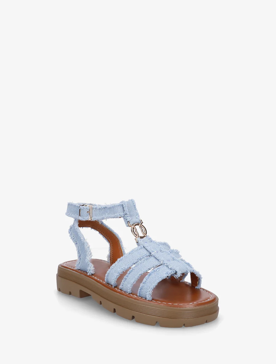 Platte sandalen in Spartaanse stijl - Blauwe denim - Image 2