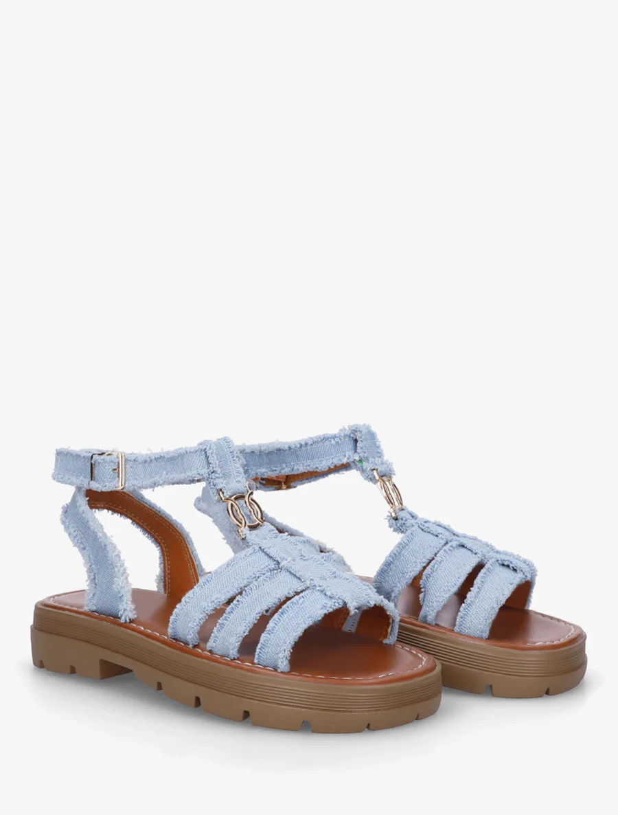 Platte sandalen in Spartaanse stijl - Blauwe denim - Image 4