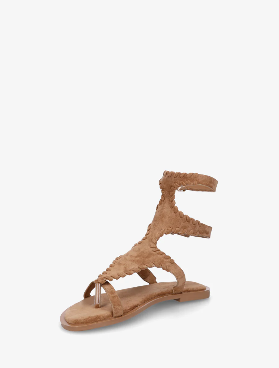 Platte sandalen met teenstuk en hoge schacht - Kameel - Image 3