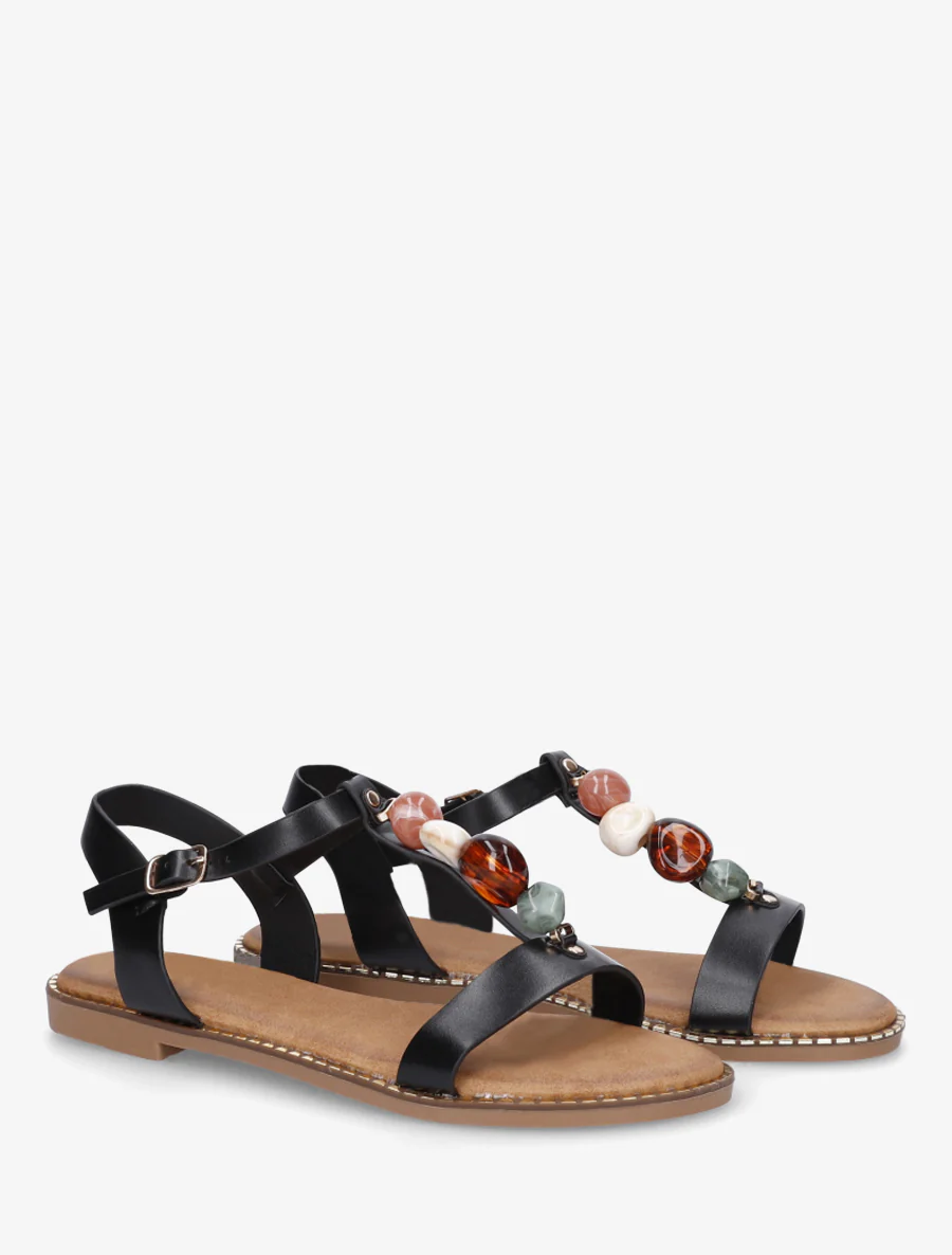 Platte sandalen van imitatieleer met gekleurde stenen - Zwart - Image 4