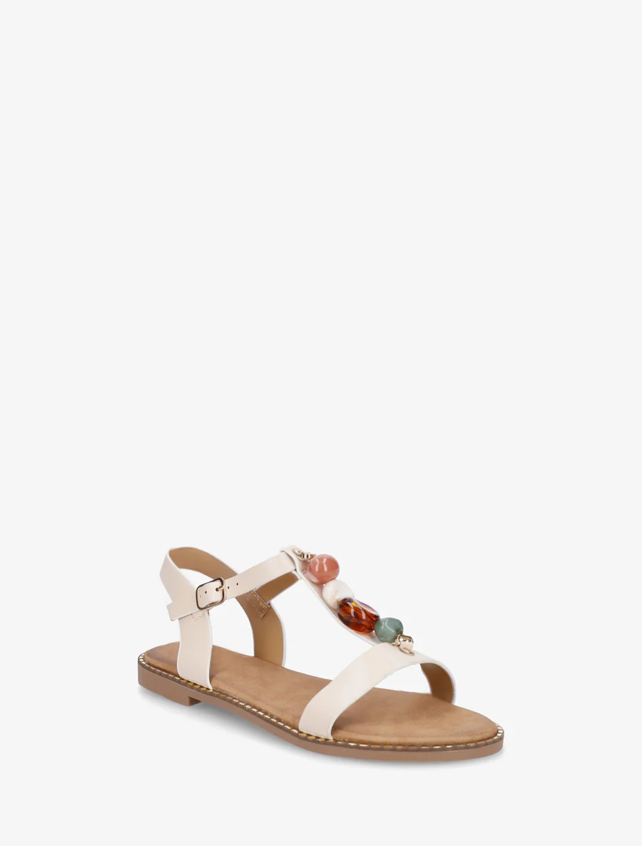 Platte sandalen van imitatieleer met gekleurde stenen - Beige - Image 2