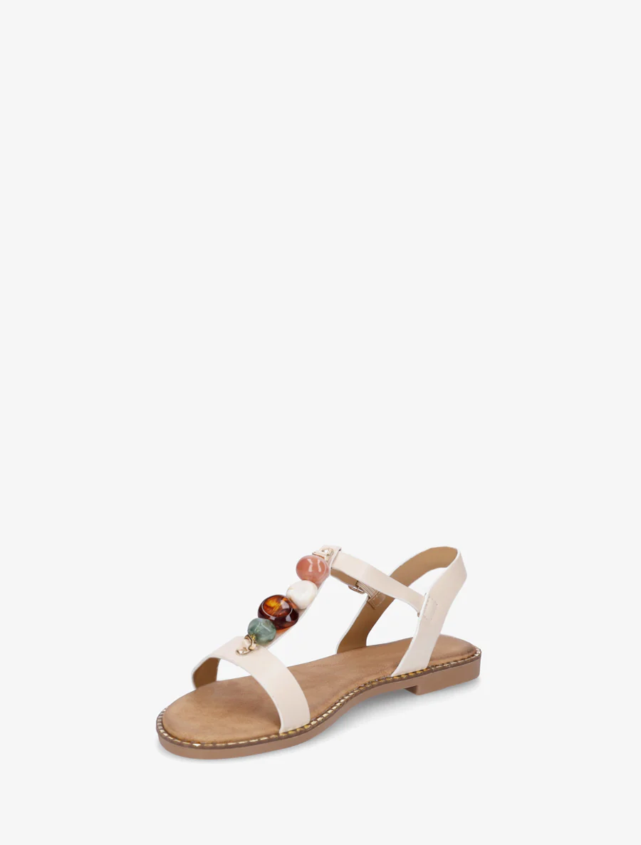 Platte sandalen van imitatieleer met gekleurde stenen - Beige - Image 3