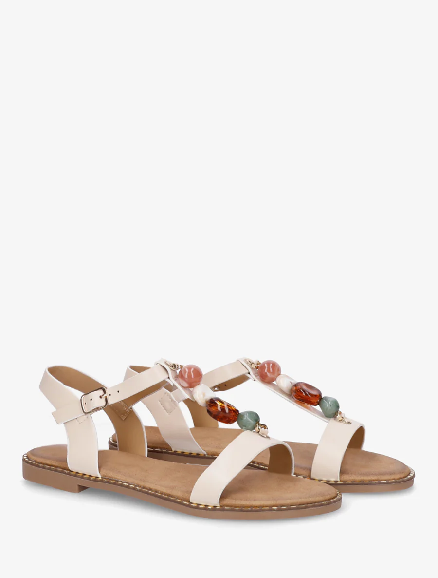 Platte sandalen van imitatieleer met gekleurde stenen - Beige - Image 4