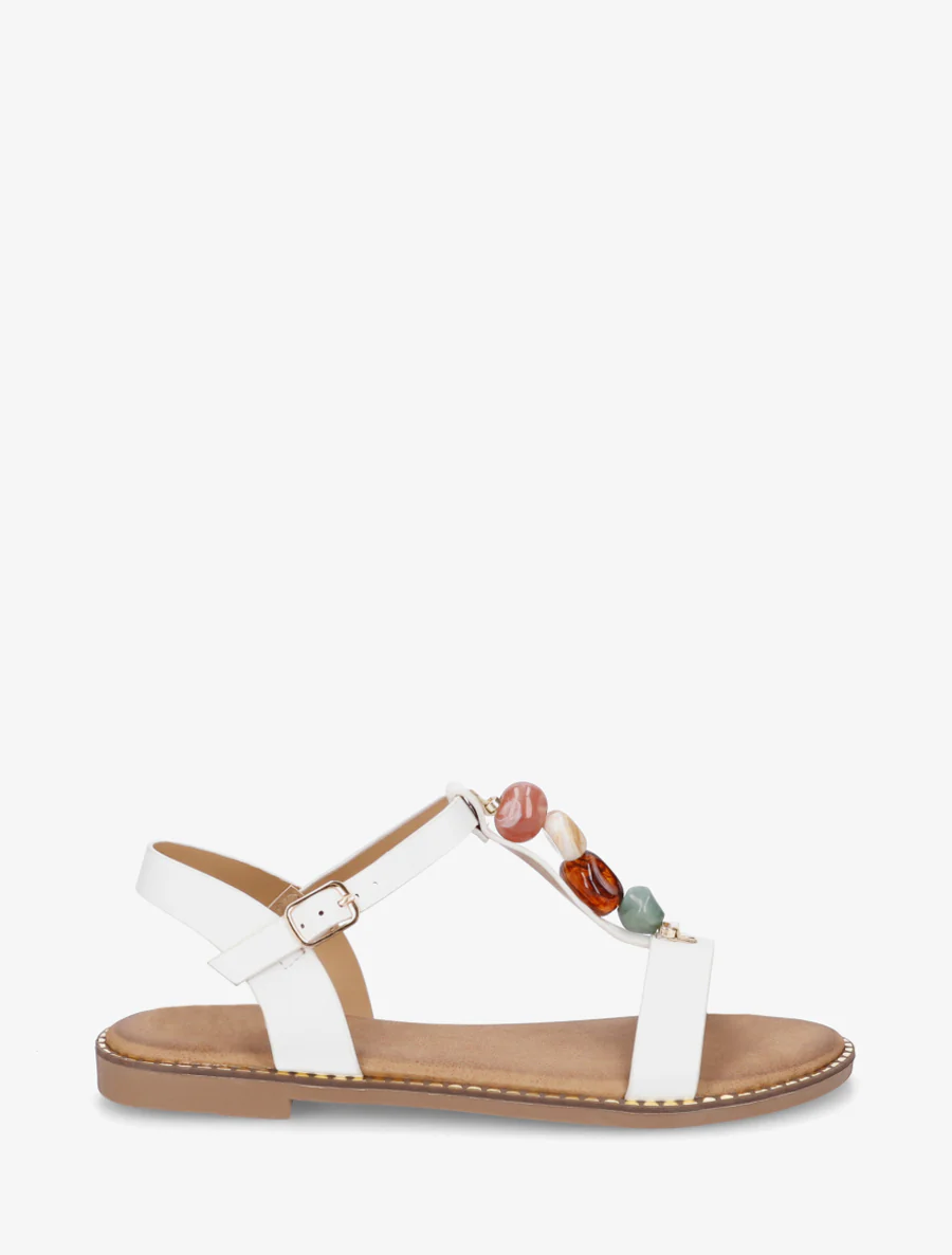 Platte sandalen van imitatieleer met gekleurde stenen - Wit